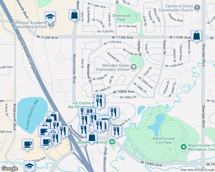 map of restaurants, bars, coffee shops, grocery stores, and more near 6351 West 108th Place in Broomfield