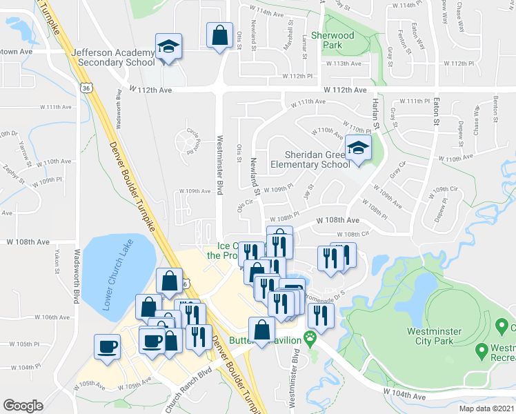 map of restaurants, bars, coffee shops, grocery stores, and more near 10860 Otis Circle in Westminster
