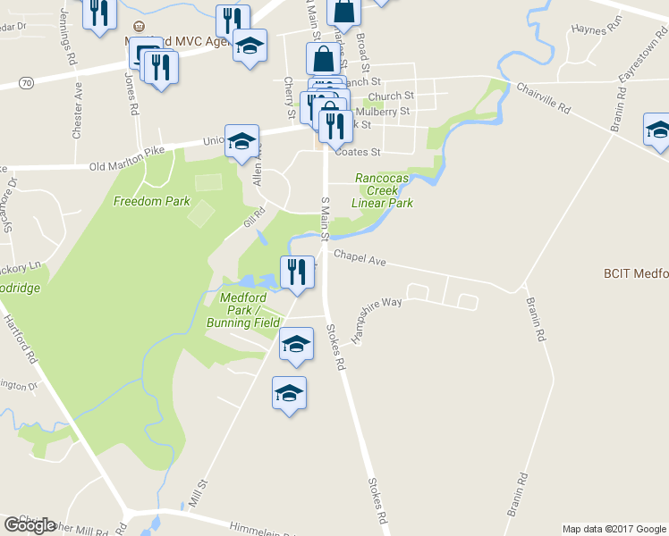 map of restaurants, bars, coffee shops, grocery stores, and more near 117 South Main Street in Medford