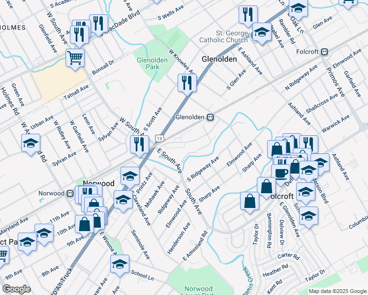 map of restaurants, bars, coffee shops, grocery stores, and more near 629 Willow Way in Glenolden