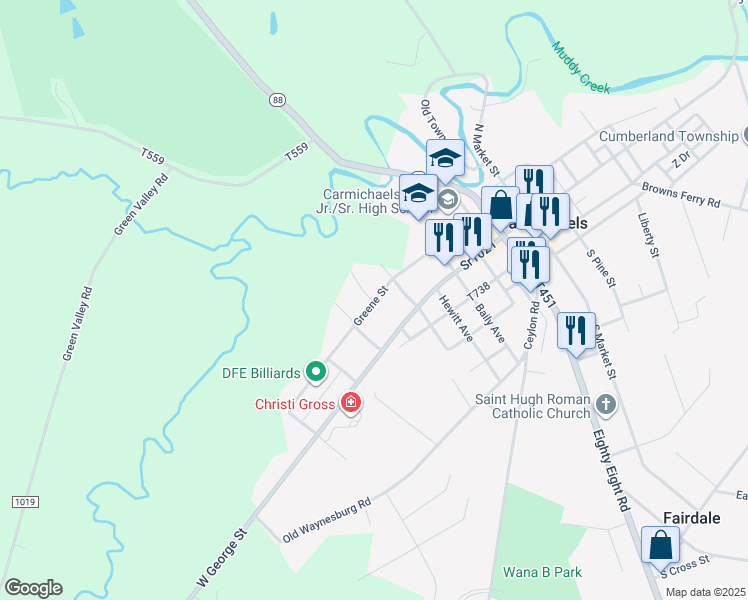map of restaurants, bars, coffee shops, grocery stores, and more near 433 West Greene Street in Carmichaels