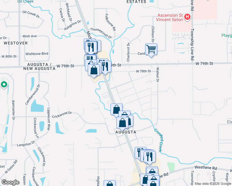 map of restaurants, bars, coffee shops, grocery stores, and more near 7795 Michigan Road in Indianapolis