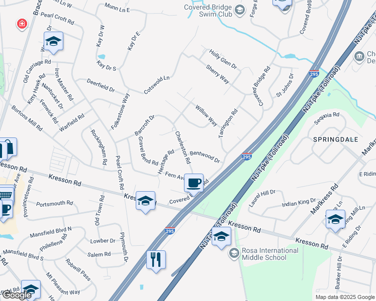 map of restaurants, bars, coffee shops, grocery stores, and more near 1253 Charleston Road in Cherry Hill