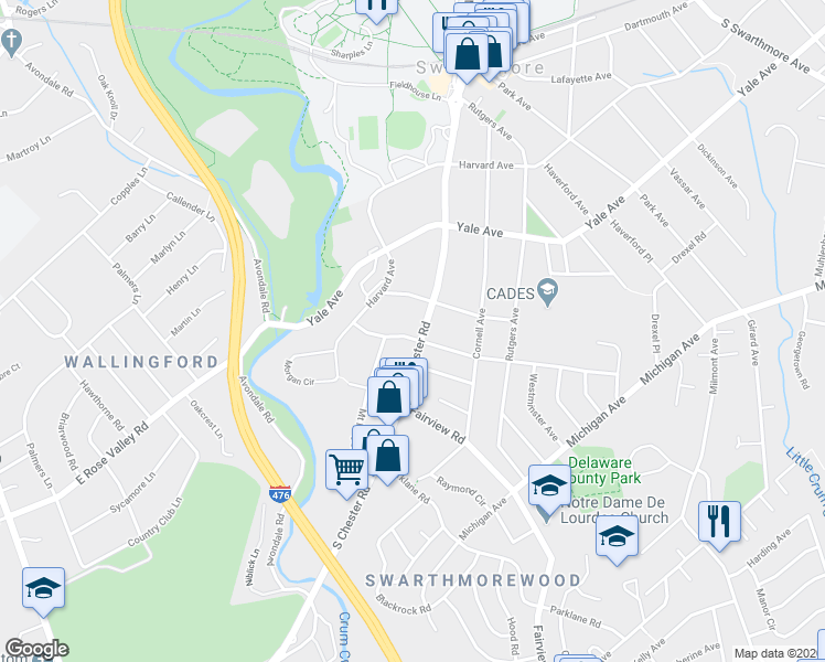 map of restaurants, bars, coffee shops, grocery stores, and more near 430 South Chester Road in Swarthmore