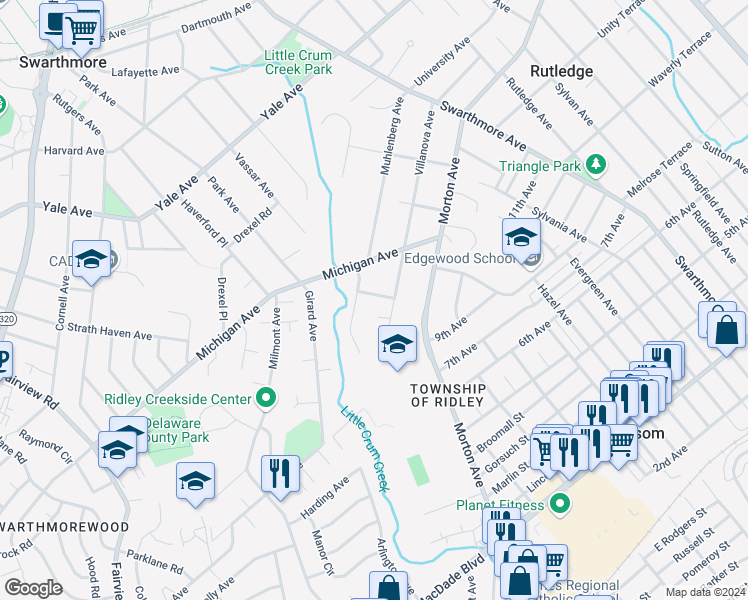 map of restaurants, bars, coffee shops, grocery stores, and more near 208 Rosemont Lane in Swarthmore