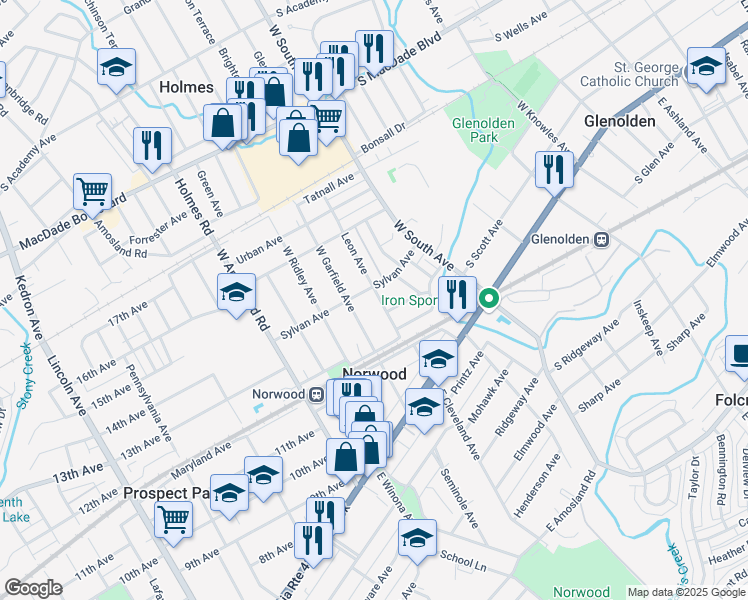 map of restaurants, bars, coffee shops, grocery stores, and more near 114 Leon Avenue in Norwood