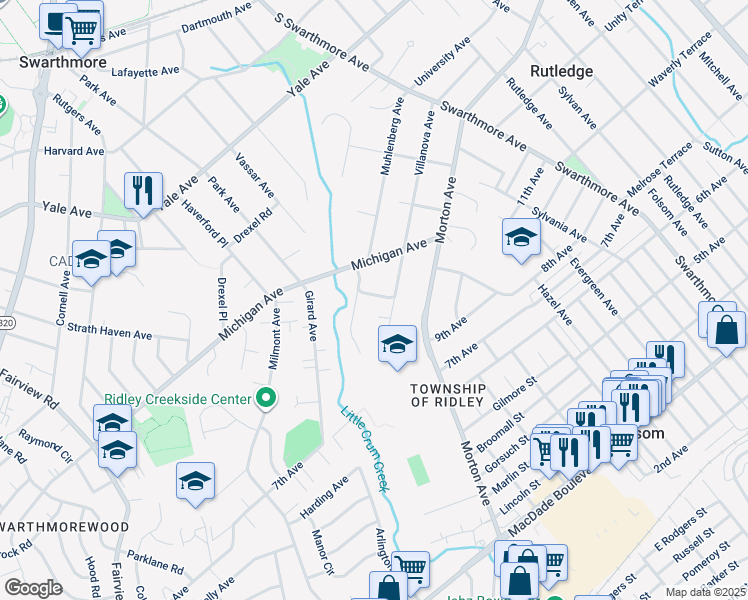 map of restaurants, bars, coffee shops, grocery stores, and more near 208 Rosemont Lane in Swarthmore
