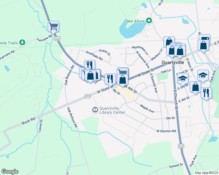 map of restaurants, bars, coffee shops, grocery stores, and more near 323 West State Street in Quarryville