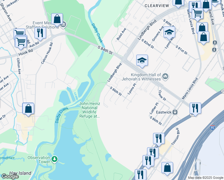 map of restaurants, bars, coffee shops, grocery stores, and more near 2744 South 86th Street in Philadelphia