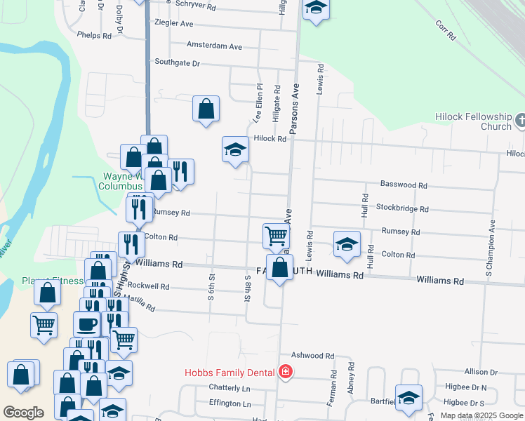 map of restaurants, bars, coffee shops, grocery stores, and more near 258 Rumsey Road in Columbus