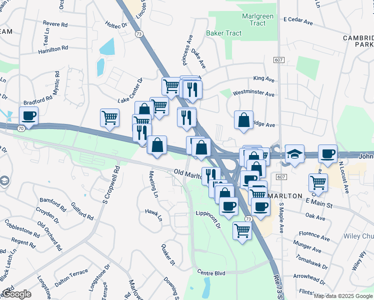 map of restaurants, bars, coffee shops, grocery stores, and more near 123 Route 70 West in Evesham