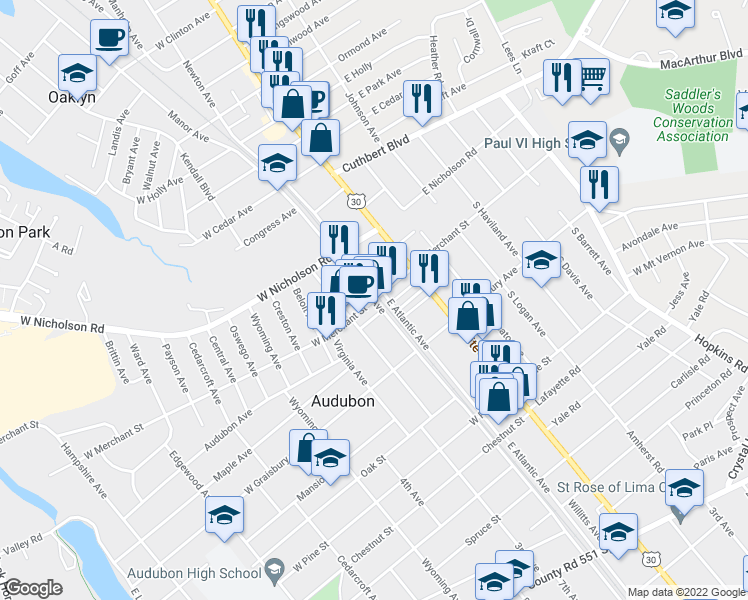 map of restaurants, bars, coffee shops, grocery stores, and more near West Atlantic Avenue & West Merchant Street in Audubon