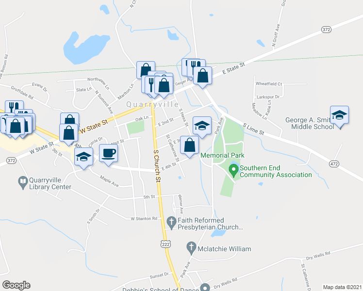 map of restaurants, bars, coffee shops, grocery stores, and more near 21 East 3rd Street in Quarryville