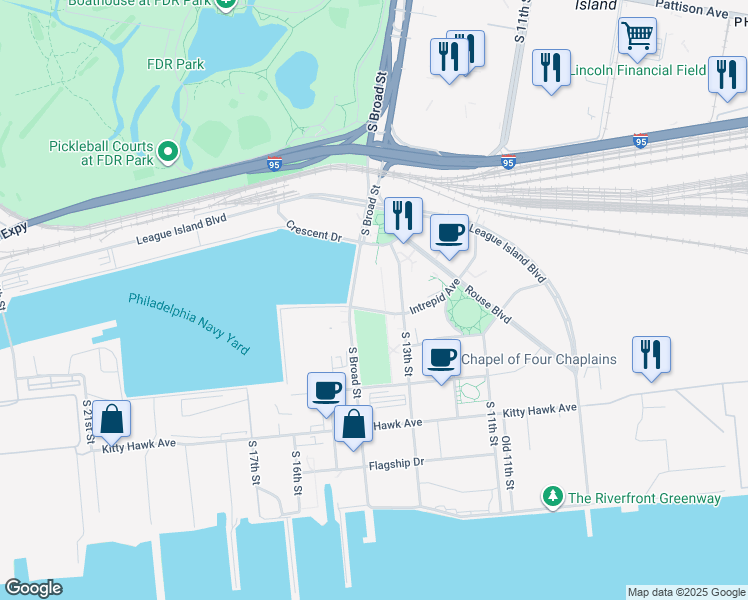 map of restaurants, bars, coffee shops, grocery stores, and more near 1321 Intrepid Avenue in Philadelphia