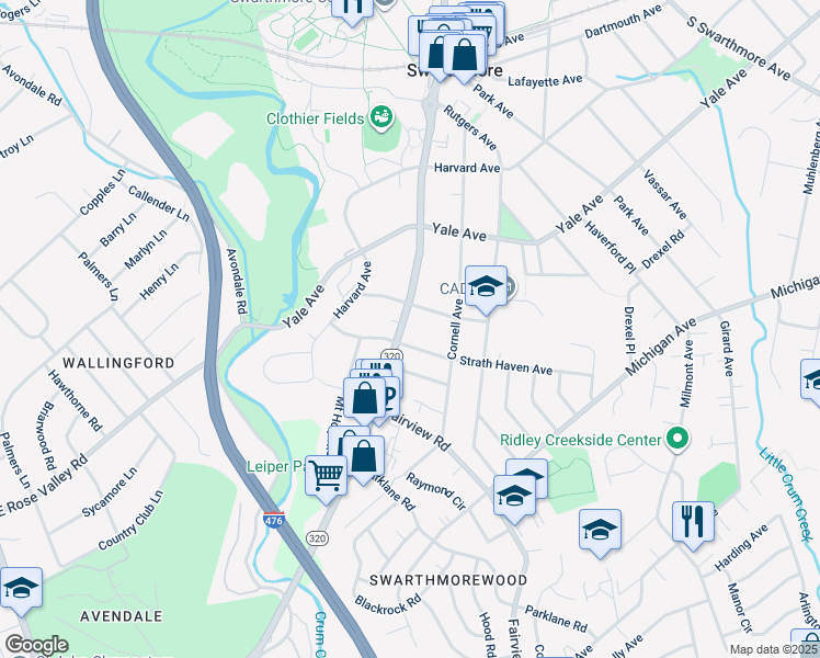 map of restaurants, bars, coffee shops, grocery stores, and more near 415 South Chester Road in Swarthmore