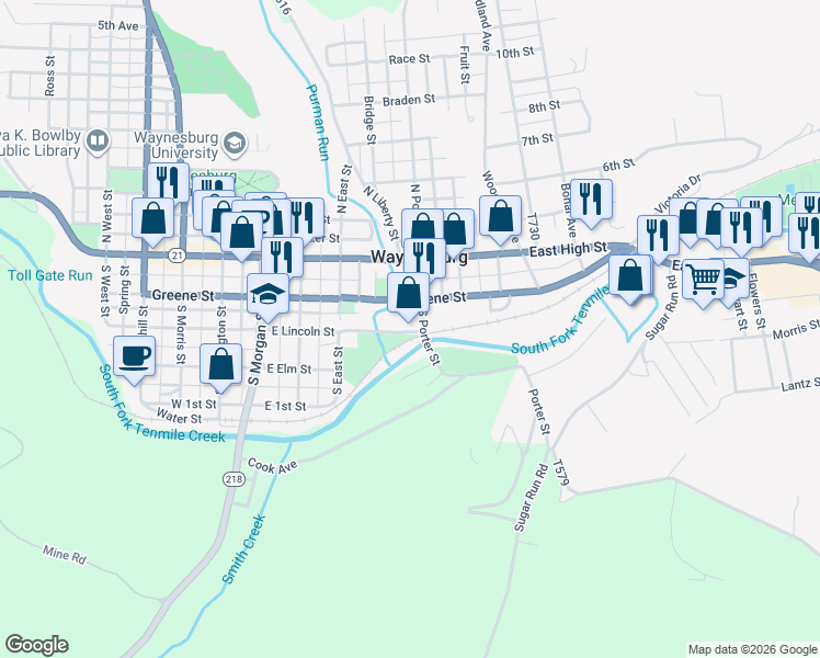 map of restaurants, bars, coffee shops, grocery stores, and more near 567 East Lincoln Street in Waynesburg