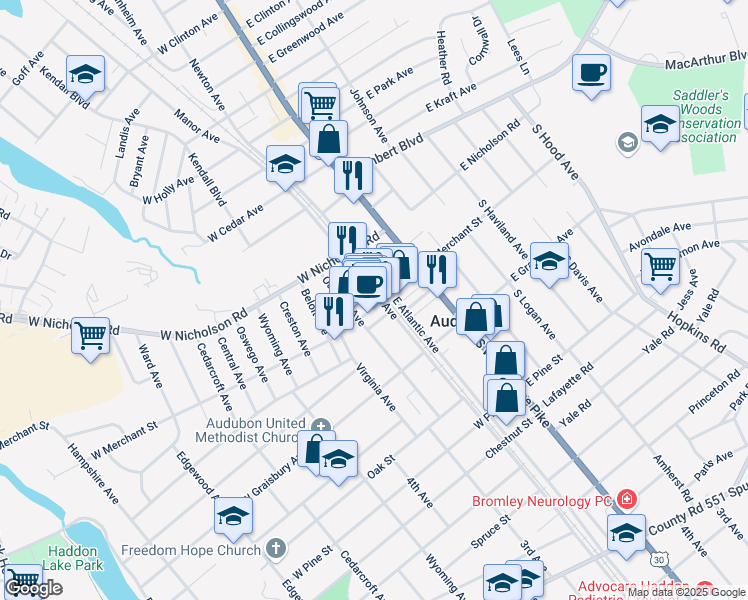 map of restaurants, bars, coffee shops, grocery stores, and more near in Audubon