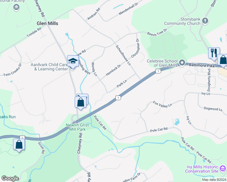 map of restaurants, bars, coffee shops, grocery stores, and more near 53 Park Lane in Glen Mills