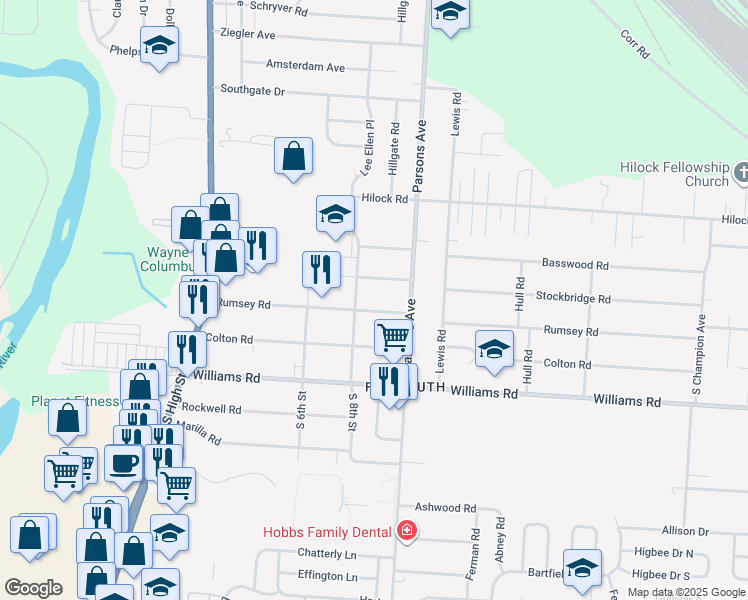 map of restaurants, bars, coffee shops, grocery stores, and more near 258 Rumsey Road in Columbus