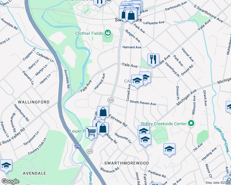 map of restaurants, bars, coffee shops, grocery stores, and more near 415 South Chester Road in Swarthmore