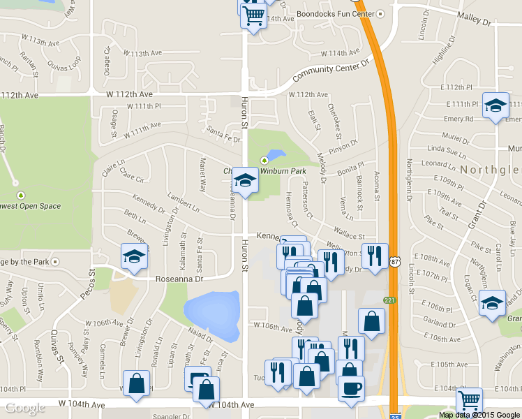 map of restaurants, bars, coffee shops, grocery stores, and more near 10900 Huron Street in Northglenn