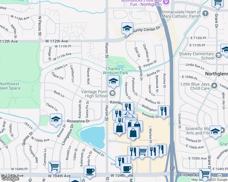 map of restaurants, bars, coffee shops, grocery stores, and more near 10900 Huron Street in Northglenn