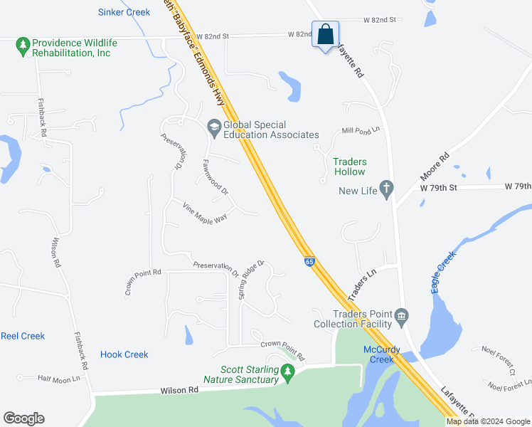 map of restaurants, bars, coffee shops, grocery stores, and more near 7817 Fawnwood Drive in Indianapolis
