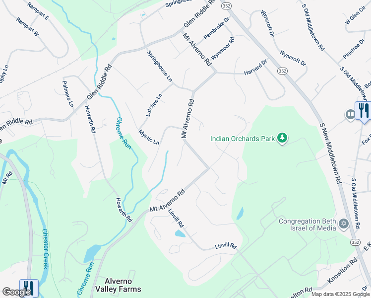 map of restaurants, bars, coffee shops, grocery stores, and more near 408 Mount Alverno Road in Media