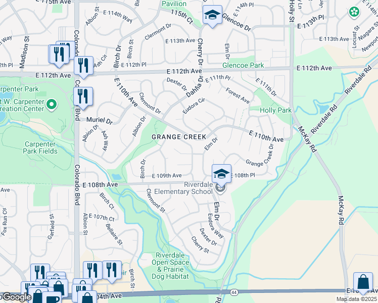 map of restaurants, bars, coffee shops, grocery stores, and more near 4734 East 109th Place in Thornton