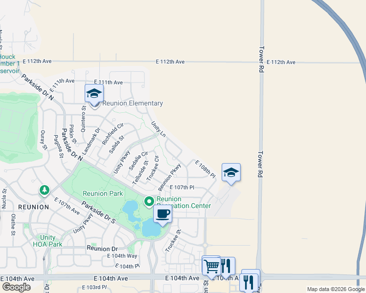map of restaurants, bars, coffee shops, grocery stores, and more near 17947 Unity Lane in Commerce City
