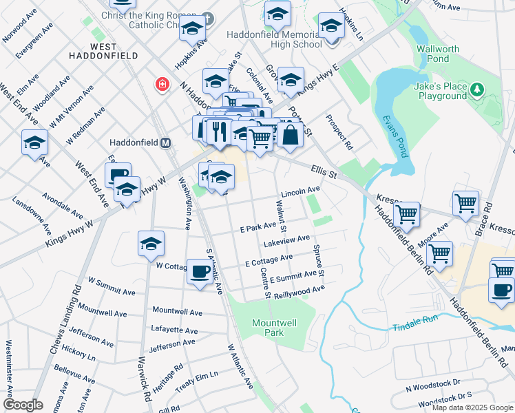 map of restaurants, bars, coffee shops, grocery stores, and more near 107 Centre Street in Haddonfield