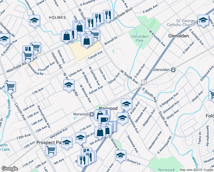 map of restaurants, bars, coffee shops, grocery stores, and more near 122 Leon Avenue in Norwood
