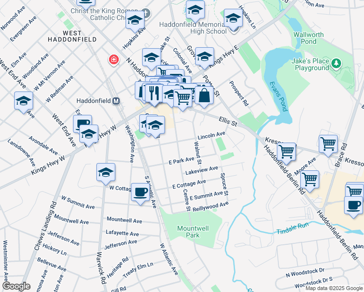 map of restaurants, bars, coffee shops, grocery stores, and more near 107 Centre Street in Haddonfield