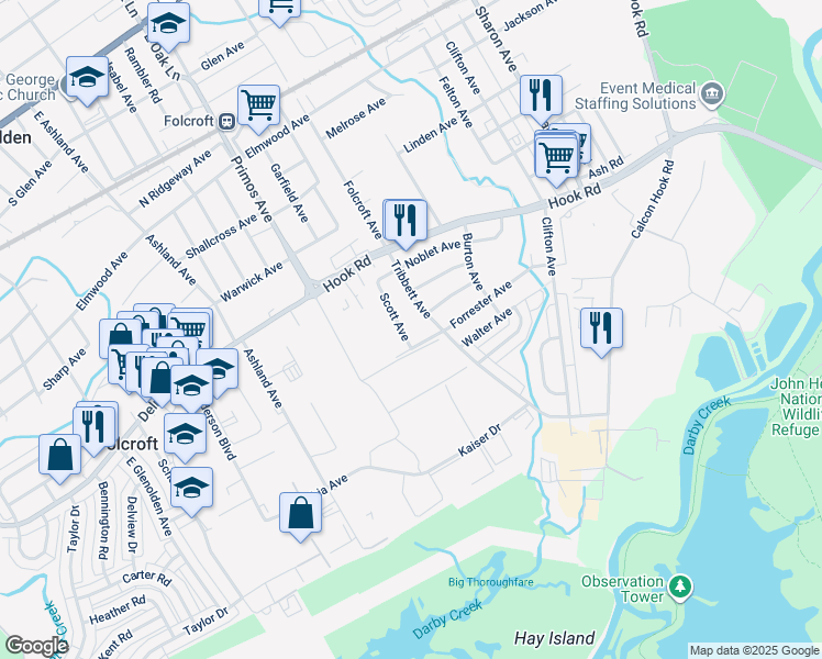 map of restaurants, bars, coffee shops, grocery stores, and more near 1317 Scott Avenue in Sharon Hill