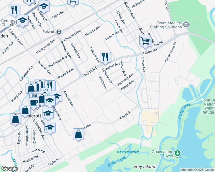 map of restaurants, bars, coffee shops, grocery stores, and more near 1317 Scott Avenue in Sharon Hill