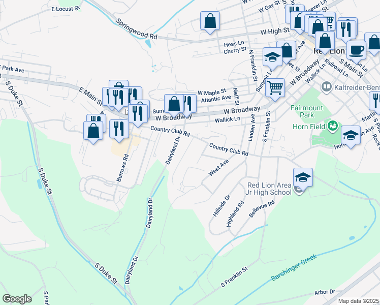 map of restaurants, bars, coffee shops, grocery stores, and more near 125 Curds Way in Red Lion