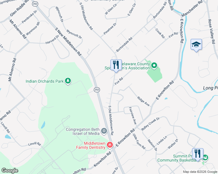map of restaurants, bars, coffee shops, grocery stores, and more near 500 South Old Middletown Road in Media