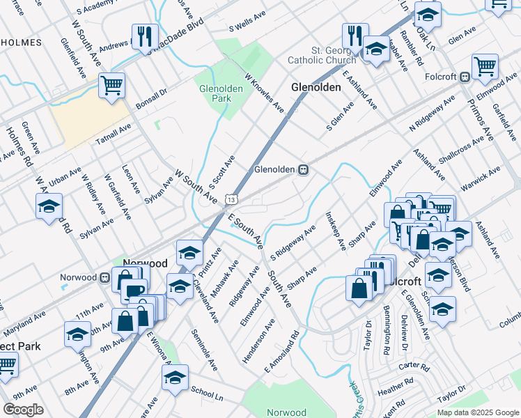 map of restaurants, bars, coffee shops, grocery stores, and more near 629 Willow Way in Glenolden