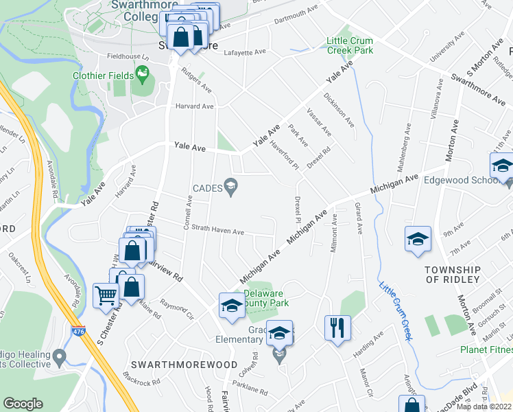 map of restaurants, bars, coffee shops, grocery stores, and more near 401 Rutgers Avenue in Swarthmore