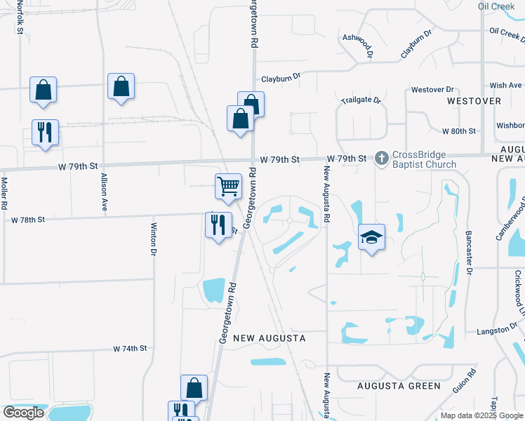 map of restaurants, bars, coffee shops, grocery stores, and more near 7747 Santa Monica Drive in Indianapolis