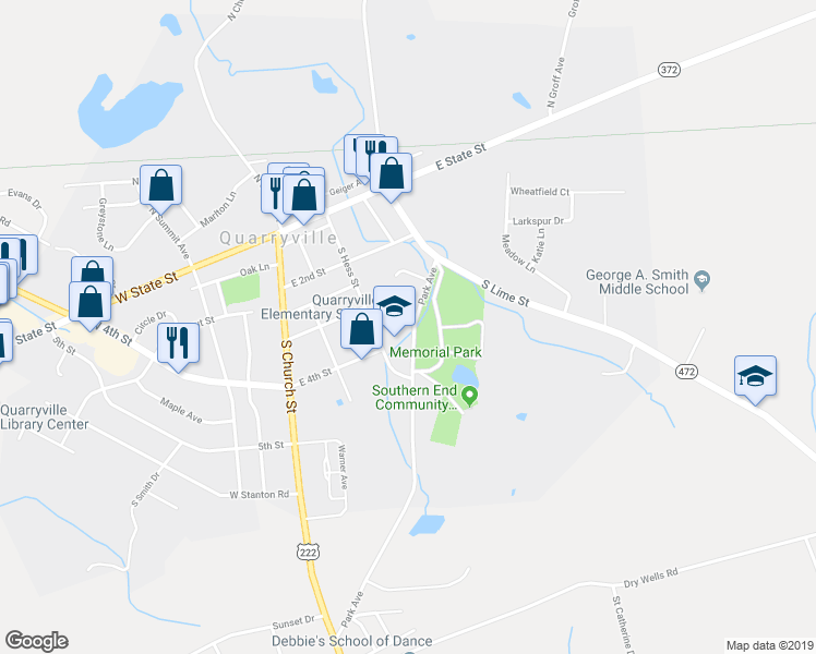 map of restaurants, bars, coffee shops, grocery stores, and more near 216 Park Avenue in Quarryville