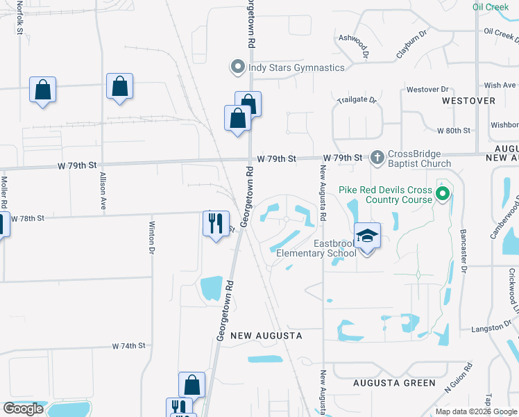 map of restaurants, bars, coffee shops, grocery stores, and more near 7747 Santa Monica Drive in Indianapolis