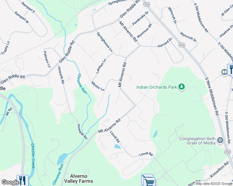 map of restaurants, bars, coffee shops, grocery stores, and more near 414 Willowgate Lane in Media