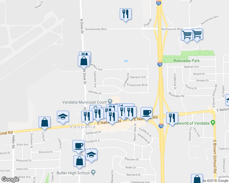map of restaurants, bars, coffee shops, grocery stores, and more near 239 Skyview Drive in Vandalia