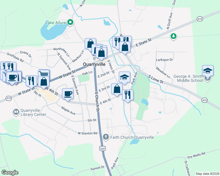 map of restaurants, bars, coffee shops, grocery stores, and more near 21 East 3rd Street in Quarryville