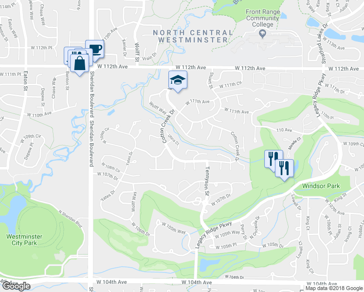 map of restaurants, bars, coffee shops, grocery stores, and more near 4470 West 109th Place in Westminster