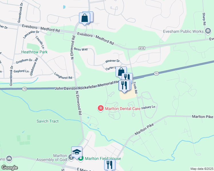 map of restaurants, bars, coffee shops, grocery stores, and more near 765 East Route 70 in Evesham