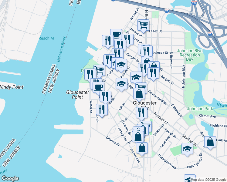 map of restaurants, bars, coffee shops, grocery stores, and more near 227 5th Street in Gloucester City
