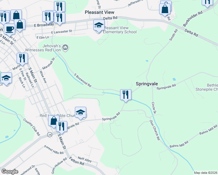 map of restaurants, bars, coffee shops, grocery stores, and more near 695 Boxwood Road in Red Lion