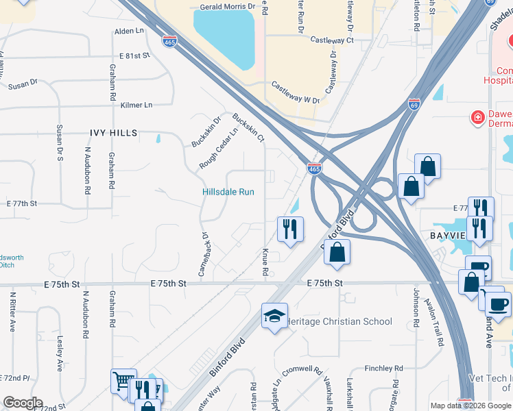 map of restaurants, bars, coffee shops, grocery stores, and more near 7714 Knue Road in Indianapolis